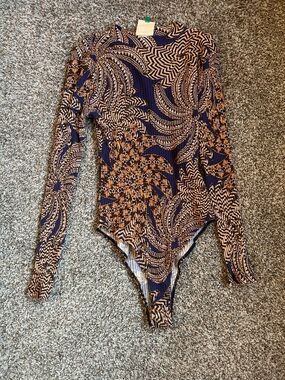 Farm Rio Yawanawa Vanahu Banana Print Mock Neck Stretch Organic Cotton Bodysuit